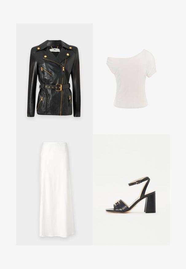 Crna kožna jakna s pojasom u struku, zlatnim metalnim dijelovima, asimetričnim dizajnom zatvarača i četiri džepa sa zatvaračem. Glatka tekstura.; Bijela majica s otvorenim ramenima od mekanog, laganog materijala. Kratki rukavi, prilagođen oblik i porub s uvijenim detaljem. Glatka tekstura.; Bijela satenasta suknja glatke teksture, srednje duljine, A-linije, s elastičnom trakicom u struku, bez vidljivih uzoraka ili ukrasa.; Crne sandale na visokom petu od glatke kože, s kvadratnim vrhom, remenom oko gležnja i zlatnim akcentom na prednjem dijelu.