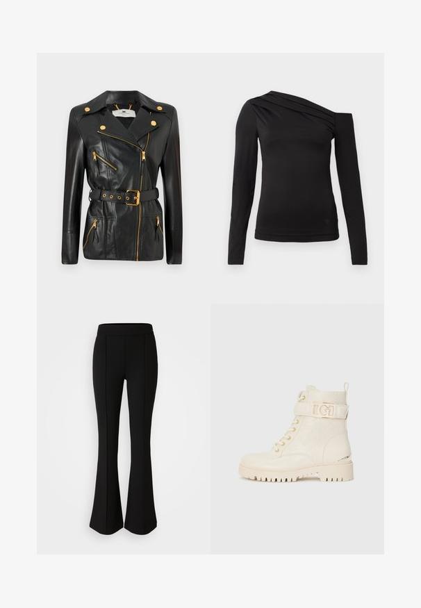Črna usnjena jakna z pasom, z zlatim okovjem, asimetrično zadrgo in štirimi žepi na zadrgo. Gladka tekstura.; Črna dolga majica z dolgimi rokavi z asymetričnim izrezom, ki razkriva eno ramo in ima nežno padajočo draperijo čez prsi.; Črne razširjene hlače iz raztegljivega materiala z gladko teksturo, ki imajo šive spredaj za dodatno oblikovanje.; Bele gležnjače z floralnim reliefom, zavezovanjem, stranskim trakom z zlatim logotipom in trdnim podplatom za oprijem.