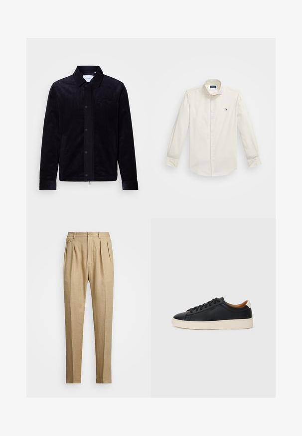 Giacca in corduroy nera con chiusura frontale a bottoni, colletto, due tasche laterali e ricamo del marchio sul petto.; Camicia bianca a maniche lunghe in cotone, con colletto a punta, una tasca sul petto e un piccolo logo blu navy sul lato sinistro.; Pantaloni in lino beige con taglio dritto, dotati di due pince anteriori, chiusura con bottone e tasche laterali. Tessuto testurizzato con una finitura liscia.; Sneakers in pelle nera con una texture liscia, suola in gomma beige, design con lacci e un accento del tacco in contrasto.