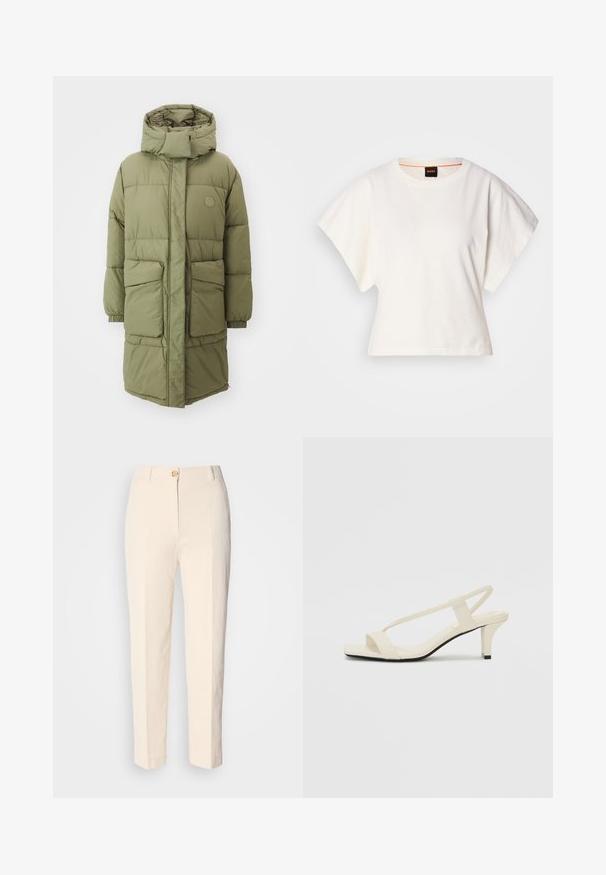 Lang, polstret frakke i olivengrøn; har høj krave, to store forlommer og elastiske manchetter; glat tekstur og enkel design.; Hvid cropped T-shirt, korte brede ærmer, blødt bomuldsstof, rund halsudskæring med diskret orange kant, minimalistisk design uden mønstre eller grafik.; Cremefarvede, højtaljede bukser lavet af tekstureret stof. Har en lukning med knap foran og tætsiddende ben.; Beige blokhælede sandaler med tynde remme og en firkantet tå. Glat materiale med minimal detaljering, designet til nem brug.