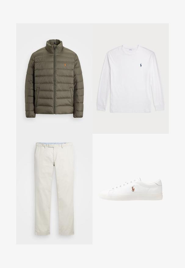 Casaco puffer verde-oliva, fecho fronta, gola alta, padrão acolchoado horizontal, bolso do lado esquerdo, pequeno logótipo laranja no peito.; Camisola de manga longa branca feita de algodão. Apresenta um decote redondo, punhos canelados e um pequeno logótipo de polo azul-marinho no lado esquerdo do peito.; Chinos de algodão bege com frente plana, passantes para cinto e bolsos laterais. Design de perna reta com uma textura suave e uma sensação leve e respirável.; Sapatilhas de couro brancas, design de cano baixo, com textura suave, biqueira redonda, atacadores à frente e um pequeno logótipo bordado na lateral.
