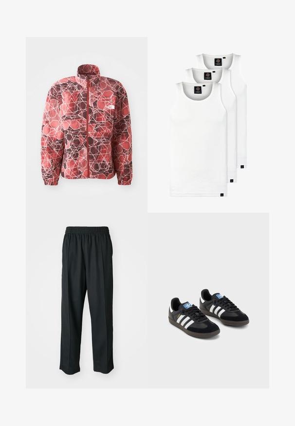 Punane mustriga jope geomeetrilise mustriga, millel on kuusnurgad ja jooned. Täielik tõmblukk ja püsti krae ning elastsed mansetid.; Kolm valget ribaga t-särki, mis on valmistatud puuvillast. Omavad ümmargust kaelanõhku ja väikseid musti silte hemme lähedal. Saadaval erinevates suurustes.; Mustad mustasport püksid elastse vöökoha ja sileda kangaga, millel on tagasihoidlik külgõmblus ning lõdvestatud lõige, sirge jala disain.; Mustad tossud, mille pealseks on seemisnahk ja sünteetilised materjalid, kolme valge triibuga, tekstureeritud kummitald ja sinine logo silt keele peal.