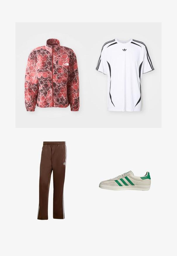 Rode jas met een geometrisch ontwerp, gekenmerkt door hexagonen en lijnen. Volledige ritssluiting met een opstaand kraag en elastische manchetten.; Witte t-shirt met korte mouwen, voorzien van zwarte zijaccenten en drie zwarte strepen op de schouders. Inclusief klein zwart logo op de borst.; Bruine sportbroeken van gladde stof, met witte zijstripe en een elastische tailleband. Inclusief zakken aan beide zijkanten.; Beige sneaker met groene strepen, voorzien van een witte zool en een bovenkant van glad leer. Zijaanzicht dat de veters en het logo benadrukt.