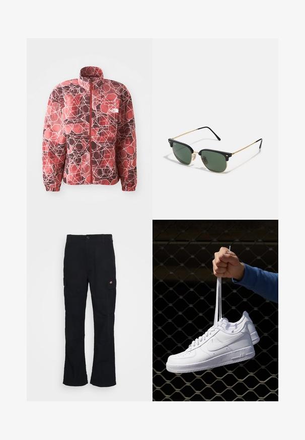 Red patterned jacket with a geometric design featuring hexagons and lines. Full zip with a stand-up collar and elastic cuffs.; Black long-sleeve jersey top with a crew neck, relaxed fit, straight hem, and minimal stitching details. Soft texture and lightweight material.; Black cargo pants with a straight leg design, made from durable fabric, featuring side pockets and a patch logo on the left side.; White leather sneakers with perforations, round toe, flat sole, and thick laces, featuring a visible swoosh logo and "AIR" on the heel.; Sunglasses with green lenses, black plastic top frame, gold metal accents, and slender black temple arms. Features a distinctive bridge design.