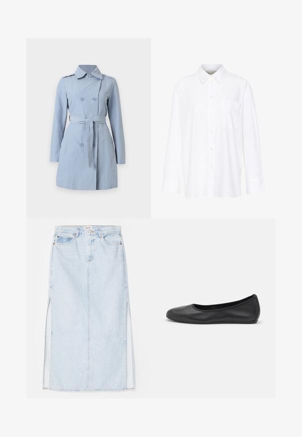 Lyseblå trenchcoat med dobbeltstående design, to knapper, taljebånd og krave. Fremstillet af et glat stof med lange ærmer.; Hvid langærmet skjorte med krave lavet af bomuld. Har en knaplukning fortil og en enkelt brystlomme. Glat tekstur, afslappet pasform.; Lyseblå denim maxi nederdel med lige snit, der har sideslidser og fem-lomme design. Fremtrædende syninger og metalknaplukning.; Sort læderballetsko med rund tå, glat tekstur, minimal syning og et fleksibelt såldesign.