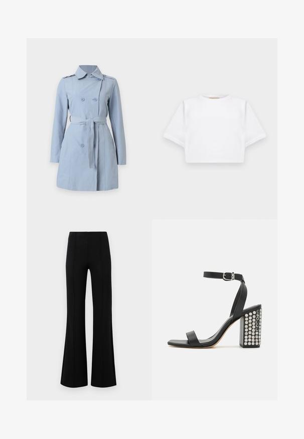 Helles blaues Trenchcoat mit doppelreihigem Design, zwei Knöpfen, einem Taillengürtel und einem Kragen. Hergestellt aus einem glatten Stoff mit langen Ärmeln.; Beschnittenes weißes T-Shirt aus weichem Stoff, mit kurzen Ärmeln, rundem Halsausschnitt und gerippten Saumdetails. Einfaches und schnörkelloses Design.; Schwarze Schlaghose mit hoher Taille, aus dehnbarem Material. Mit vertikalen Nahtdetails auf der Vorderseite und einer glatten Textur.; Schwarze Ledersandalen mit Absatz und Knöchelriemen. Mit einer quadratischen Schuhspitze, glatter Textur und einem quadratischen Blockabsatz, der mit silbernen Nieten verziert ist.