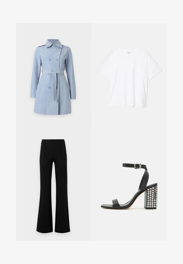 Cappotto trench blu chiaro con design doppiopetto, due bottoni, cintura in vita e colletto. Realizzato in un tessuto liscio con maniche lunghe.; T-shirt bianco in cotone con maniche corte, scollo rotondo, vestibilità comoda e orlo cucito. Etichetta visibile all'interno del colletto.; Pantaloni neri a zampa d'elefante con vita alta, realizzati in tessuto elastico. Presentano dettagli di cucitura verticale nella parte anteriore e una texture liscia.; Infradito in pelle nera con tacco e cinturino alla caviglia. Presentano una punta quadrata, una texture liscia e un tacco a blocco quadrato adornato con borchie in argento.