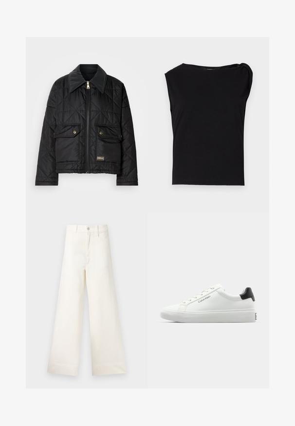 Casaco acolchoado preto com colarinho alto, fecho frontal, dois grandes bolsos e detalhes em metal dourado. Apresenta uma textura suave e comprimento cropped.; Top preto de manga curta feito de tecido suave. Apresenta um decote redondo e detalhe drapeado no ombro. Design simples e ajustado.; Calças largas em algodão bege claro. Apresentam uma cintura alta, bolsos frontais e um corte reto. Acabamento de bainha limpo, sem padrões.; Sapatilha branca com acabamento liso, detalhe preto no calcanhar e design com atacadores. Apresenta a marca "Calvin Klein" na lateral. Estilo minimalista.