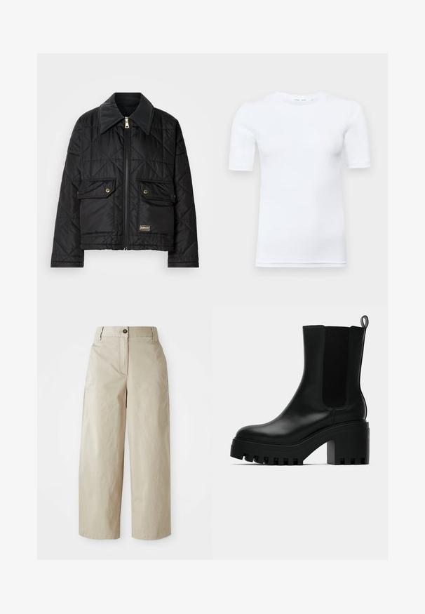 Μαύρο καπιτονέ μπουφάν με ψηλό γιακά, μπροστινό φερμουάρ, δύο μεγάλες τσέπες και χρυσές λεπτομέρειες. Διαθέτει λεία υφή και κοντή εφαρμογή.; Λευκό κοντομάνικο μπλουζάκι φτιαγμένο από βαμβάκι. Διαθέτει στρογγυλή λαιμόκοψη και απαλό υφή, με ελάχιστες ραφές ορατές στο τελείωμα.; Μπέζ παντελόνια με ψηλή μέση και φαρδιά πόδια, με κλείσιμο κουμπιού και φερμουάρ, θηλιές ζώνης και πλαϊνές τσέπες, σε λευκό φόντο.; Μαύρη δερμάτινη μπότα αστραγάλου με στρογγυλή μύτη, χοντρή πλατφόρμα και πλέγμα στις πλευρές. Διαθέτει ετικέτα για εύκολη εφαρμογή.