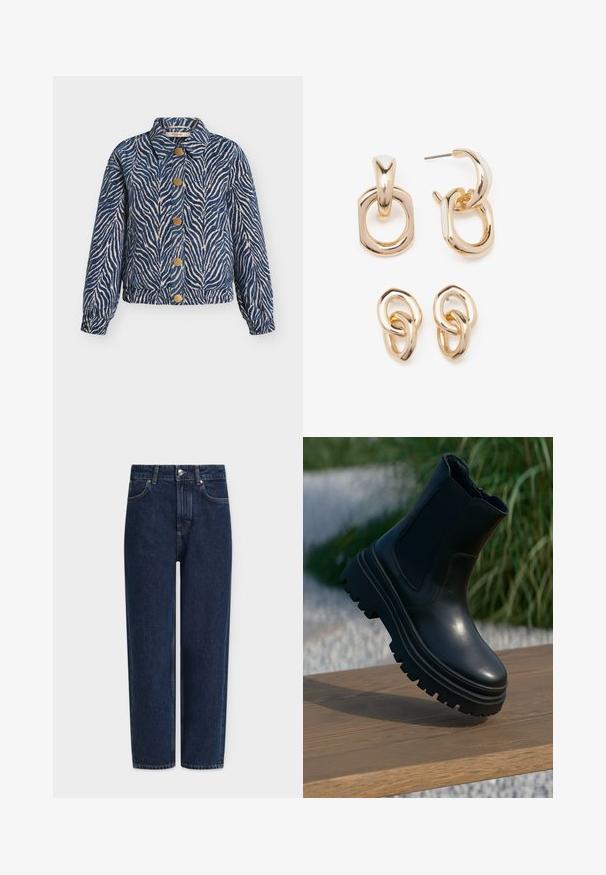 Blue and beige zebra print jacket with a collared neckline, five gold button closures, and elasticized cuffs. Textured fabric.; Blue sweatshirt with long sleeves, crew neck, ribbed cuffs and hem, featuring a subtle logo on the chest. Smooth cotton texture.; Dark blue denim jeans with a straight leg, high waist, silver hardware, front pockets, and subtle stitching details. Classic five-pocket design.; Black leather ankle boot with a chunky sole, elasticated side panels, and a smooth finish. Elevated design with contrasting tread detail.; Gold-toned earrings featuring a mix of geometric shapes: a square, circle, and linked oval designs with a polished finish.