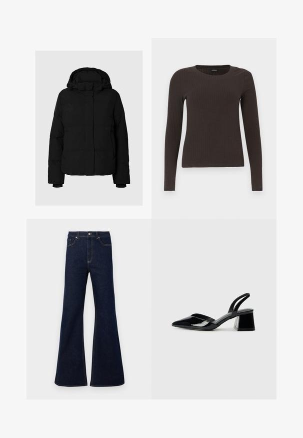 Svart pufferjakke med høy krage, glidelås foran, sidelommer og ribbestrikkede mansjetter. Stoffet er glatt med en matt finish.; Brun, langermet ribbestrikket topp med rund hals. Laget av et glatt, elastisk materiale, med en tettsittende silhuett og minimalt med detaljer.; Mørkeblå vide denimjeans med høy midje, frontlommer og gyldne sømdetaljer. Glatt tekstur med tradisjonell passform.; Svarte patentlær slingback hæler med spiss tå og geometrisk blokk hæl. Har et stilrent, minimalistisk design og jevn tekstur.