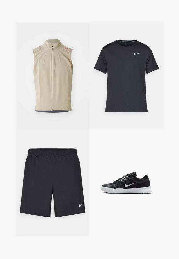 Beige ärmellose Weste mit Stehkragen, Frontreißverschluss und leichtem Stoff. Verfügt über eine strukturierte Unterlage und ein minimalistisches Design.; Schwarzes Nike Lauft-Shirt aus leichtem, atmungsaktivem Material, mit kurzen Ärmeln und einem kleinen weißen Logo auf der Brust.; Schwarze sportliche Shorts aus leichtem Material mit einem elastischen Bund. Auf der unteren linken Seite befindet sich ein kleines weißes Nike-Logo.; Schwarzer Sportschuh mit strukturiertem Obermaterial, weißem Nike-Warenzeichen und einer weißen Gummisohle. Verfügt über ein Schnürdesign und eine dynamische Form.