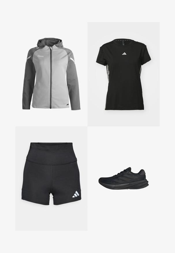 Giacca zip-up grigia chiara con cappuccio, dotata di maniche grigie scure, dettagli testurizzati sulle spalle e nome del marchio "JAKO" stampato sul petto.; Maglietta sportiva nera a maniche corte, realizzata in materiale sintetico. Presenta un piccolo logo bianco sul petto e strisce bianche sui lati.; adidas Performance Leggings - black; Scarpe sportive nere con tomaia in rete, forma aerodinamica, suola piatta e tre strisce diagonali sui lati. Design leggero per il massimo comfort.