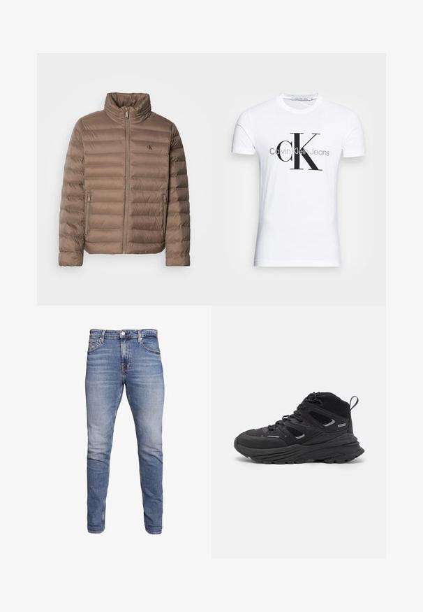 Bruine gewatteerde jas met een hoge nek, horizontaal quilt design, vooraan een ritssluiting en zijzakken. Heeft een logo op de borst.; Witte katoenen t-shirt met een zwart "CK" logo en de tekst "Calvin Klein Jeans", korte mouwen en een klassieke ronde hals.; Blauwe denim jeans met een slim fit, midden taille, vijf zakken, vervaagde was en lichte slijtage aan de voorkant en achterkant.; Zwarte wandelschoenen met een gelaagd ontwerp, textiele stof en rubberen zool, met verstevigde delen en een vetersluiting aan de voorkant.