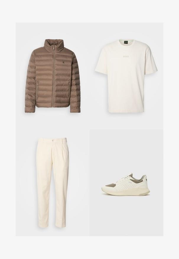 Brun polstret jakke med høj krave, horisontal quiltet design, lynlås foran og sidelommer. Har et logo på brystet.; BOSS TEE - T-shirts basic - open white; Krèmfargede bomuldsbukser med lige ben-design, der har frontfolder, knaplukning og sidelommer. Glat tekstur.; Hvide og lyse beige sportssko med en mesh-overdel, perforerede detaljer og en tekstureret mellemsål med branding på hælen.