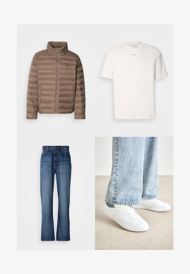 Rudačiau paminkštinta striukė su aukštu kaklu, horizontalių siuvinėjimų dizainu, priekyje užtrauktuku ir šoninėmis kišenėmis. Ant krūtinės yra logotipas.; Balta medvilninė marškinėlių suapvalintu kaklu, trumpomis rankovėmis ir siuvinėtu "Calvin Klein" logotipu krūtinės centre. Paprastas dizainas.; Mėlynos džinsinės kelnės su aukštu liemeniu, platėjančiomis kojomis, penkių kišenių dizainu ir tonuotu siuvimu. Yra mygtukų užtrauktukas ir niežai kišenės.; Baltos sportbačiai su lygiu paviršiumi, raišteliais ir tekstūruota guma, su žaliu akcentu ant kulno, derinami su šviesiai mėlynomis džinsinėmis kelnėmis.