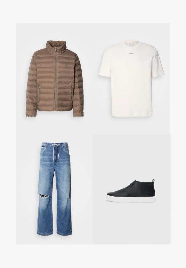 Jachetă umplută maro cu guler înalt, design matlasat orizontal, închidere cu fermoar frontal și buzunare laterale. Include un logo pe piept.; Tricou alb din bumbac, cu guler rotund, mâneci scurte și logo-ul brodat "Calvin Klein" la mijlocul pieptului. Design simplu.; Blugi din denim de culoare albastru deschis, cu o croială lejeră, având un cordon alb la talie și rupturi distincte în față, arătând margini destrămate.; Adidași negri din piele, cu vârf înalt, finisaj neted, talpă din cauciuc alb și un design simplu cu șireturi. Au un tab de prindere în partea din spate.