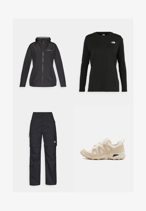 Jachetă impermeabilă neagră cu glugă, fermoar complet și căptușeală interioară gri. Are un logo pe piept și mansete elastice.; Iarna neagră cu mânecă lungă, din bumbac, cu guler rotund. Prezintă un mic logo alb în zona pieptului stâng. Design simplu și croi lejer.; Pantaloni cargo din nylon negru, cu fermoar detașabil, manșete ajustabile, multiple buzunare și un logo pe piciorul drept. Textură netedă și ușoară.; Pantofii sport bej și crem au un superior din plasă texturată, suprapuneri de susținere și o talpă din cauciuc cu un model de profil pentru aderență.