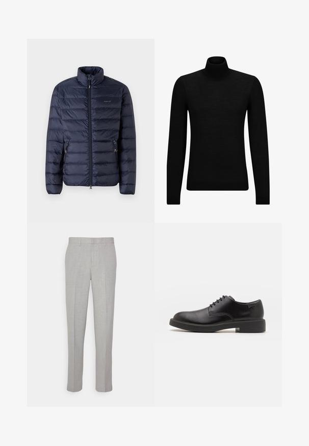 Tumesinine puffjakiga, millel on lukuga eesmine osa, kõrge krae ja horisontaalne õmblus, küljetaskud lukudega.; Musthave muströid ja pehmest materjalist must turtleneck, millel on pikad varrukad ja tihe istuvus. Ribaga ääris allservas ja vöökohal. Lihtne disain.; Heledad hallid püksid sileda tekstuuriga, lame esiots ja sirged sääred. Valmistatud hingavast kangast, millel on sisepocketid ja vöölõngad.; Must beemel levalis kingad ümarate varvastega, sileda pinnaga, minimaalsete õmblustega ja madala kummist kontsaga. Logo kontsa peal.