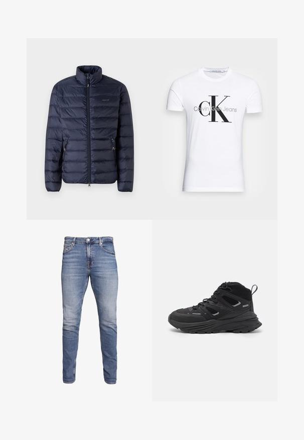 Navy blue puffer jacket with a zippered front, high collar, and horizontal stitching, featuring side pockets with zippers.; White cotton t-shirt featuring a black "CK" logo and "Calvin Klein Jeans" text, short sleeves, and a classic round neckline.; Blue slim-fit jeans with five pockets, faded wash, button closure, and belt loops, displayed against a white background.; Black hiking shoes featuring a layered design, textured fabric, and rubber sole, with reinforced areas and a lace-up front.