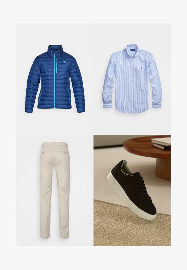 Blaue gepolsterte Jacke mit hohem Kragen, ausgestattet mit einem Frontreißverschluss und kontrastierenden hellblauen Akzenten. Enthält ein Spinnenlogo auf der Brust.; Blau-weißer gestreifter Langarmshirt aus Baumwolle mit einem Button-Down-Kragen, Frontknöpfen und einem kleinen gestickten Logo auf der Brust.; Beige Hosen mit glatter Textur, geradem Schnitt, zwei Gesäßtaschen mit Knöpfen und einem normalen Bund.; Schwarze Sneakers mit weißer Sohle, die über einem beige strukturierten Teppich schweben, in der Nähe eines runden Holztisches mit gestapelten Büchern.