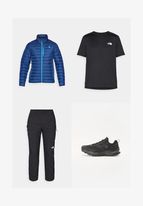Giacca blu imbottita con colletto alto, caratterizzata da una zip frontale e dettagli in blu chiaro a contrasto. Include un logo a forma di ragno sul petto.; T-shirt nero a maniche corte realizzata in tessuto leggero. Presenta un piccolo logo bianco sul lato sinistro del petto e delicati dettagli sulle spalle.; The North Face WINTER EXPLORATION TAPERED CARGO - Pantaloni outdoor - black; Scarpa sportiva nera con tomaia in rete, suola in gomma e collarino imbottito. Presenta lacci, un logo sul lato e un design testurizzato.