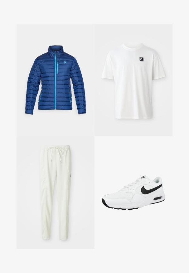 Giacca blu imbottita con colletto alto, caratterizzata da una zip frontale e dettagli in blu chiaro a contrasto. Include un logo a forma di ragno sul petto.; T-shirt bianco in cotone con maniche corte e collo rotondo; presenta un piccolo logo rettangolare nero di Nike Air sul lato sinistro del petto.; Pantaloni jogger slim-fit bianchi con vita elasticizzata e cordino, caratterizzati da dettagli sulle cuciture laterali e un piccolo patch nero sulla gamba destra.; Scarpa sportiva bianca con swoosh nero di Nike, parte superiore in rete e pelle, punta rotonda, chiusura con lacci, collare imbottito e suola in gomma con unità d'aria visibile.