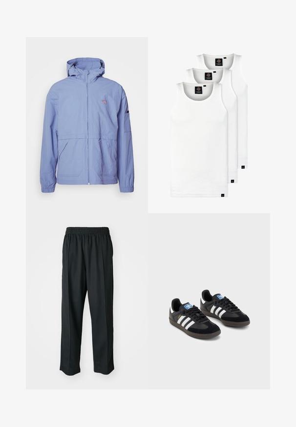 Casaco com capuz azul claro, feito de tecido suave e leve. Apresenta um fecho na frente, punhos elásticos e bolsos laterais. Patch do logo no peito.; Três tops em algodão de alças brancas com nervuras. Apresentam um decote redondo e pequenas etiquetas pretas perto da bainha. Disponíveis em vários tamanhos.; Calças atléticas pretas com um cós elástico, feitas de tecido suave, com costuras laterais discretas e um ajuste descontraído, design de perna reta.; Sneakers pretos com parte superior em camurça e sintético, apresentando três riscas brancas, sola de borracha texturizada e etiqueta azul no linguete.