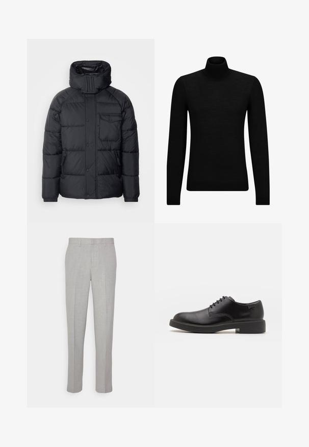 Casaco puffer preto com colarinho alto, fecho de botão de pressão, bolso frontal e bolsos laterais com zíper. Feito de tecido liso e isolante.; Pulôver de gola alta preto, feito de material suave, com mangas longas e ajuste justo. Acabamento canelado na barra e punhos. Design simples.; Calças cinza claro com uma textura suave, frente lisa e pernas rectas. Feitas de um tecido respirável, com bolsos internos e passantes para cinto.; Sapatilha preta em couro, com atilhos, ponta arredondada, textura suave, costura mínima e um salto baixo em borracha. Logotipo no calcanhar.