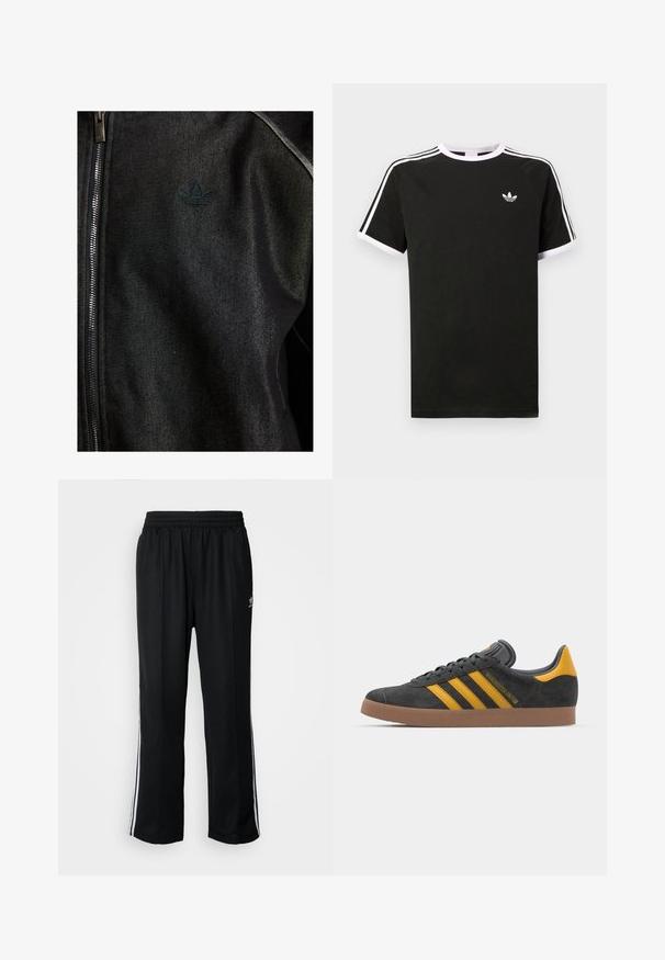 Μαύρο μπουφάν με φερμουάρ φτιαγμένο από υφασμάτινη υφή. Διαθέτει έναν διακριτικό, σκούρο λογότυπο και αντίθετη ραφή κατά μήκος των ραφών.; Μαύρο μπλουζάκι φτιαγμένο από βαμβάκι με άσπρες λεπτομέρειες. Διαθέτει κοντά μανίκια, ράγκλαν σχέδιο και ένα μικρό λογότυπο στο στήθος. Τρεις άσπρες ρίγες στους ώμους.; Μαύρο αθλητικό παντελόνι με ελαστική μέση, διαθέτει λευκές ρίγες στο πλάι και ένα μικρό λογότυπο. Το υλικό φαίνεται μαλακό και ελαφρύ.; Μαύρο σουέτ αθλητικό παπούτσι με κίτρινες λεπτομέρειες, διαθέτει τρεις ρίγες και καφέ λάστιχο σόλα. Περιλαμβάνει επενδυμένη γλώσσα για άνεση.