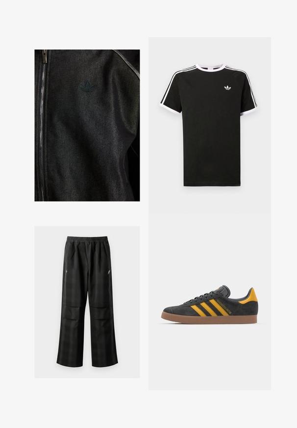 Juodas užtrauktuku užsegamas švarkas, pagamintas iš tekstūruotos medžiagos. Siuvinėtas subtiliu, tamsiu logotipu ir kontrastingomis siuvimo siūlėmis.; Juodas medvilninis marškinėlis su baltais akcentais. Yra trumpomis rankovėmis, raglano stiliaus, ir mažas logo ant krūtinės. Ant pečių yra trys balti dryžiai.; Juodos languotos kelnės su elastingu juosmeniu, dviem priekinėmis kišenėmis ir laisvu tiesiu kirpimu. Pagamintos iš lengvos medžiagos.; Juodas zomšinės sportbačiai su geltonais akcentais, turintys tris juosteles ir rudą gumos padą. Apima paminkštintą liežuvėlį patogumui.