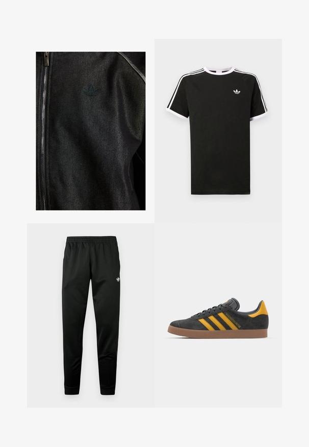 Crna jakna na zatvaranje sa zipom, izrađena od teksturirane tkanine. Ima suptilan tamni logo i kontrastne šavove duž spojnih mjesta.; Crna majica s kratkim rukavima, izrađena od pamuka, s bijelim akcentima. Ima raglan dizajn i mali logo na prsima. Tri bijele pruge na ramenima.; Crne sportske hlače s elastičnim pojasom, suženim nogavicama i bijelim logotipom sprijeda. Glatka, lagana tkanina.; Crne nubuk tenisice s žutim detaljima, sa tri pruge i smešnim gumenim potplatom. Imaju jastučić na jeziku za udobnost.