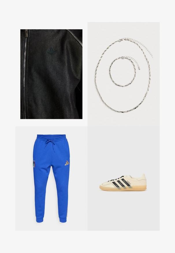 Črna zapinjalna jakna iz teksturirane tkanine. Ima diskreten temen logo in kontrastne šive ob šivih.; Bela oversized majica, bombažni material, okrogla ovratnica, kratki rokavi, gladka tekstura, preprost oblikovanje, brez vzorcev ali dodatkov.; Modre trenirke z zateznim pasom, na katerih je napis "Italia" in logotip. Zlati Adidas logotip na levi stegenski mišici; rebrasti manšete na gležnjih.; Svetlo kremne teniske z vzorcem črnih treh črt, teksturirano zgornji del, okroglo konico in gumijast podplat. Imajo vezalke in blagovno znamko na strani.; Srebrna zavita veriga za ovratnik in ujemajoča zapestnica z nastavljivimi zaponkami, razporejena na belem ozadju.