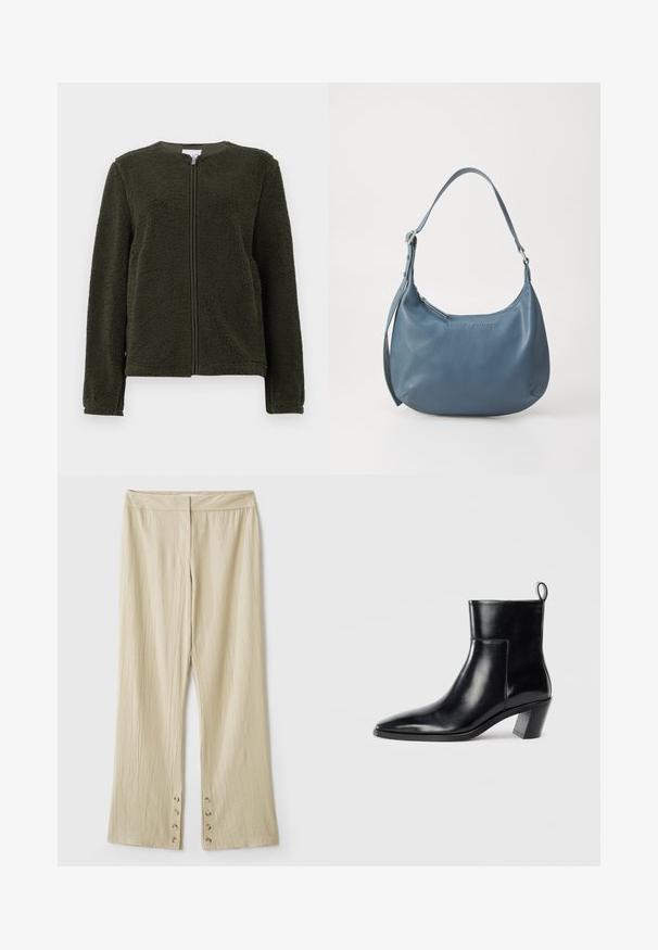 Tmavě zelená fleecová bunda s dlouhými rukávy, kulatým výstřihem a předním zipem, zobrazená na bílém pozadí.; Svetr s kabelovým pletem na zip ve tmavě olivové barvě. Obsahuje žebrovaný límec, texturovaný vzor a stříbrný zip.; Černý bezramínkový top s kulatým výstřihem a klíčovou dirkou na zádech. Obsahuje vertikální záhyby pro texturu. Hladká látka s mírným leskem.; Béžové kalhoty s širokými nohavicemi a texturovanou látkou. Mají plochý pas a pět knoflíků na lemu pro zapínání. Složení se záhyby.; Černá kožená kotníková bota s špičatou špičkou, geometrickou tvarovanou podpatkem a poutkem na zadní straně. Hladká textura a elegantní design.; Modrá kožená kabelka s oblámi tváři, jedním ramenním popruhem, zipovým uzavřením a embosovaným názvem značky na přední straně. Hladký povrch.