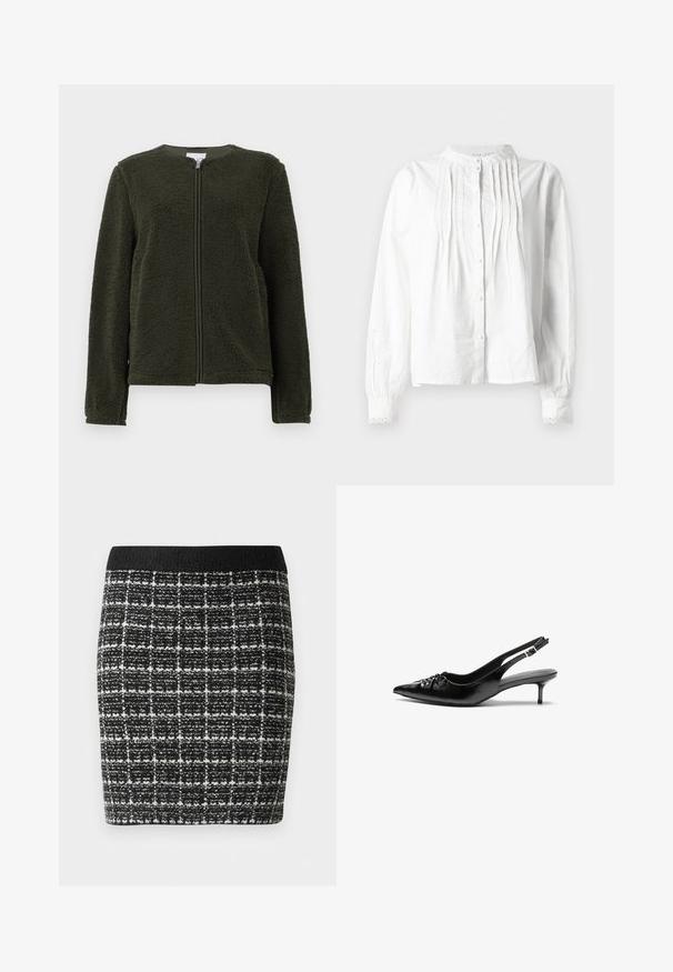 Chaqueta de forro polar verde oscuro con mangas largas, cuello redondo y cierre de cremallera frontal, exhibida sobre un fondo blanco.; Blusa blanca de manga larga con cuello tipo chal, pliegues verticales en el frente, cierre de botones y puños con encaje.; Falda a cuadros en blanco y negro con una tela texturada, que presenta una cinturilla negra y una silueta ajustada.; Tacones slingback de cuero negro con punta afilada, pequeño tacón kitten y un detalle de nudo decorativo en la parte frontal. Textura suave en toda la superficie.