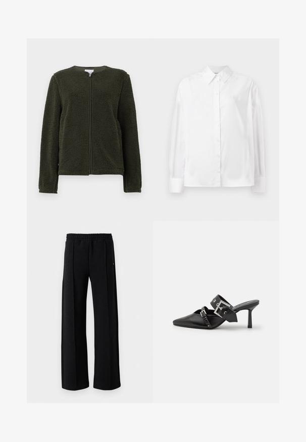 Mørkegrøn fleecejakke med lange ærmer, rund hals og lynlås foran, vist på en hvid baggrund.; Hvid langærmet skjorte med knapper i en blød bomuldsblanding. Har en klassisk krave, frontlukning med knapper og rundede manchetter.; Sort lige ben bukser med elastisk talje og subtilt struktureret mønster i stoffet på en hvid baggrund.; Sorte højhælede mules med spids tå, lavet af glat læder. Har et bredt ankelrem med en firkantet sølv spænde og nitter.