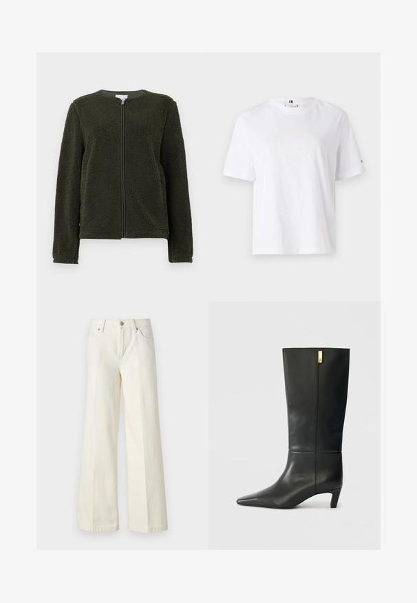 Sötétzöld polár dzseki hosszú ujjakkal, kerek nyakkivágással és elülső cipzáras záródással, fehér háttér előtt bemutatva.; Fehér pamut póló, kerek nyakkivágással, rövid ujjakkal és diszkrét sárga logóval, amelyen a felirat "HILFIGER NEW YORK 1985" szerepel. Normál szabású.; Bőszárú fehér farmernadrág pamut keverék anyagból. Cipzáras záródással, öt zsebes kialakítással és varrással a varratok mentén.; Fekete bőr, térd fölé érő csizma hegyes orral és kis sarokkal. Kifinomult dizájnja arany színű részletekkel bővül. Sima textúra.