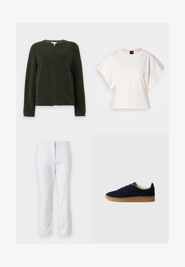 Tume roheline fliistekaitsmega jakk pikkade varrukatega, ümmarguse kaelusega ja esiseelisega, esitatud valgel taustal.; Valge lühikeste laiadte varrukatega lühike T-särk, pehme puuvillane materjal, ümar kaelus kergelt oranži ääristusega, minimaalne disain, ilma mustrite ja graafikateta.; Valged puuvillased püksid sirge lõikega, keskmise kõrgusega vöökoht ja ilma nähtavate detailide või mustriteta. Ühtlane sile tekstuur.; Tumesinised seemisnahast spordijalatsid kummist tallaga, siniste paeltega ja minimalistliku disainiga. Küljel on reljeefne logo ja sees on sile vooder.