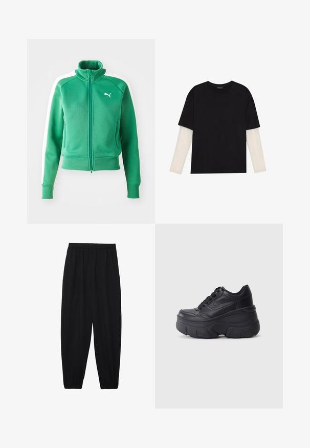 Green zip-up sweatshirt with a textured fabric, ribbed cuffs and hem, featuring white side panels and a white logo on the chest.; Black T-shirt made of cotton, featuring short sleeves over a white long-sleeve layer with a subtle textured pattern. Crew neckline design.; Black, lightweight pants with an elastic waistband and gathered ankles. The fabric is smooth and features a relaxed, tapered design.; Black lace-up sneakers with a chunky sole, featuring smooth leather upper, rounded toe, and distinct layered platform design.