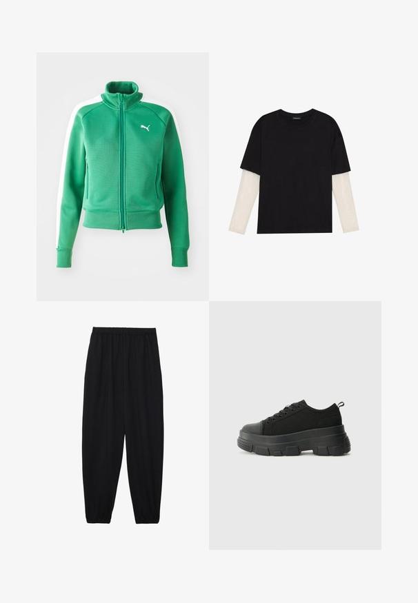 Green zip-up sweatshirt with a textured fabric, ribbed cuffs and hem, featuring white side panels and a white logo on the chest.; Black T-shirt made of cotton, featuring short sleeves over a white long-sleeve layer with a subtle textured pattern. Crew neckline design.; Black, lightweight pants with an elastic waistband and gathered ankles. The fabric is smooth and features a relaxed, tapered design.; Black sneakers with a chunky rubber sole, textured fabric upper, round toe, and lace-up design. Features reinforced eyelets and back pull tab.