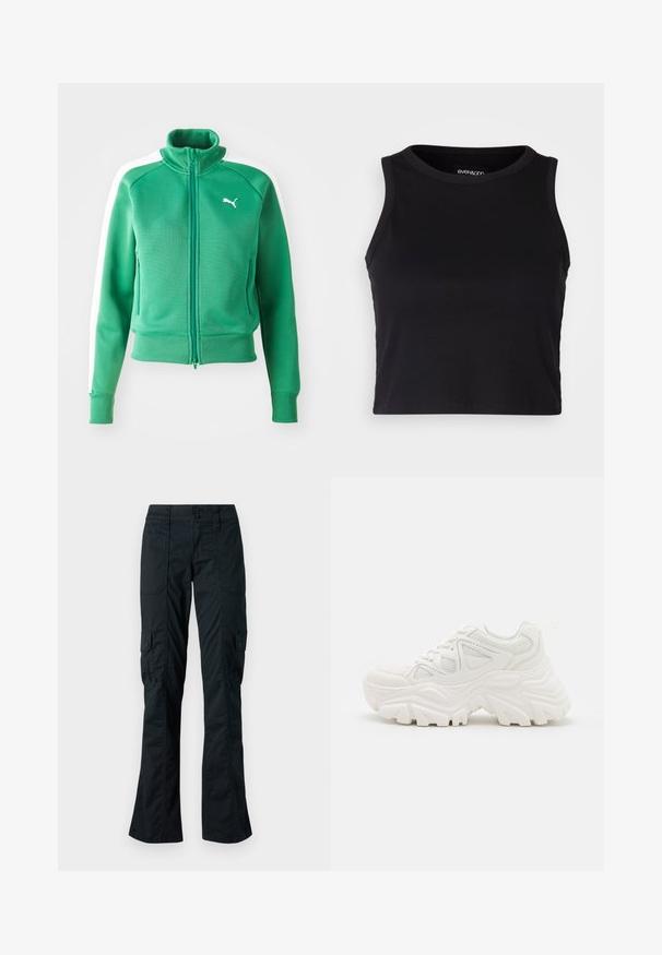 Zaļš zip-up džemperis ar teksturētu audumu, ribotiem aproces un apakšmalu, ar baltām sānu paneļiem un baltu logotipu uz krūtīm.; Melna ribota īsā topa ar apaļu kakla izgriezumu un bez piedurknēm. Izgatavota no mīksta, elastīga auduma, ar tīrām apgrieztām malām.; Melni cargo bikses ar taisnu kāju dizainu, izgatavotas no izturīga auduma. Iekļauj divas sānu kabatas ar atloka un pogu aizdari.; Baltas masīvkājas sporta apavi ar strukturētu virsu, sieta paneļiem un biezu gumijas zoli ar izteiktu protektora rakstu. Iekļautas auklas un cilpa uzvilkšanai.