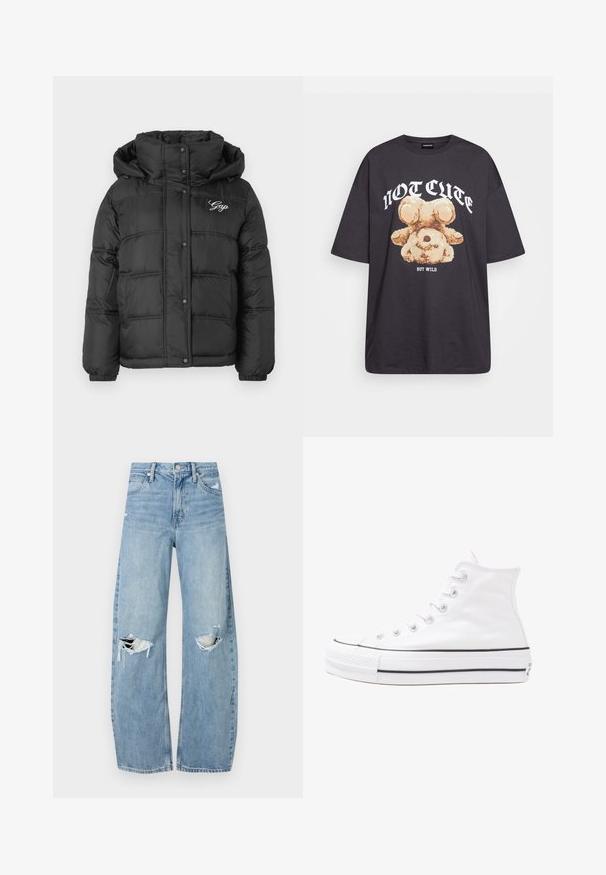 Svart boblejakke med hette, quiltet design, trykknapper og sidelommer. Har "Gap" logo i hvitt på brystet.; Svart oversized t-skjorte med en grafikk av en bjørn og teksten "IKKE SØT, MEN VILL" i fet, hvit skrift. Laget av bomull.; Lyseblå høytlivsjeans laget av denim. Har vide bein, to revne knær og klassisk fem-lommers design.; Hvit høy-skinn kanvas sneakers med svart gummisåle, gummitåhette foran og seks hull for snorer, med et rent, minimalistisk design.