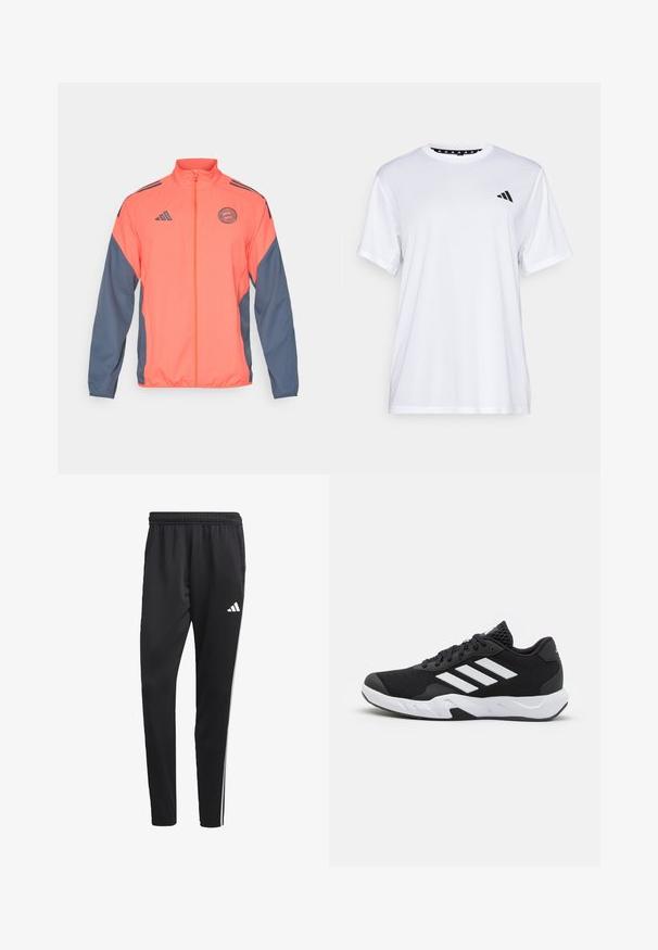Narančasta i mornarsko plava jakna sa zatvaračem i visokim ovratnikom, Adidas logotipom i ekipnom značkom. Lagana tkanina s kontrastnim bočnim panelima i manžetama.; Bijela atletska majica kratkih rukava, napravljena od tkanine koja upija vlagu. Ima crni logo na lijevoj strani prsiju i uzorčeni unutarnji obrub dekoltea.; Crne atletske hlače s rastezljivim pojasom, bijelim bočnim trakama i malim bijelim logom na bedru. Izrađene su od glatkog, laganog materijala.; Crne atletske cipele s teksturiranim mrežastim gornjim dijelom, bijelim naglasnim trakama, podstavljenim potplatom i ojačanim petom za podršku.