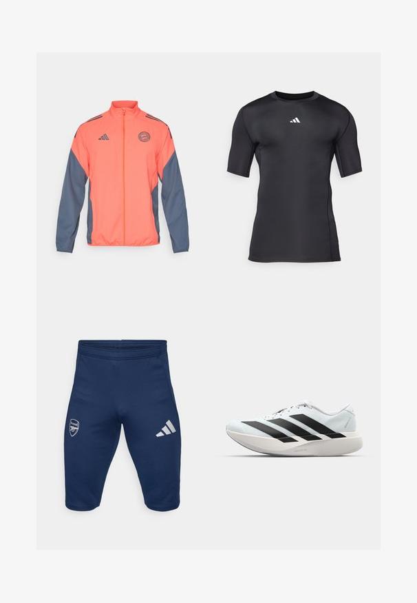 Jachetă cu fermoar portocalie și bleumarin, cu guler în picioare, logo Adidas și patch-ul echipei. Material ușor, cu panouri laterale și manșete în contrast.; Cămașă sport neagră cu mânecă scurtă, fabricată dintr-un material neted și elastic. Prezintă un logo alb pe piept și cusături plate pentru confort.; Shorts atletici bleumarin, confecționați dintr-un material elastic, cu un logo Arsenal pe piciorul stâng și trei dungi albe Adidas pe piciorul drept.; Pantofi de alergare ușori în albastru deschis cu dungi negre. Au un superior neted, vârf rotund și o intermediară groasă albă etichetată "LIGHTSTRIKE PRO."