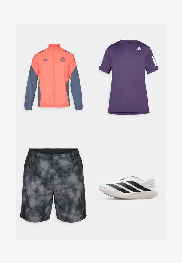 Narančasta i mornarsko plava jakna sa zatvaračem i visokim ovratnikom, Adidas logotipom i ekipnom značkom. Lagana tkanina s kontrastnim bočnim panelima i manžetama.; Ljubičasta sportska majica kratkih rukava od glatkog materijala, s bijelim detaljima na rukavima i prsima, okruglim izrezom i opuštenim krojem.; Sive i crne atletske kratke hlače s uzorkom nalik oblaku, elastičnim pojasom i bočnim džepovima. Tkanina izgleda lagano i prozračno.; Lagane tenisice za trčanje u svijetloplavoj boji s crnim trakama. Imaju glatku gornju površinu, okrugli vrh i debeli bijeli srednji sloj označen "LIGHTSTRIKE PRO."
