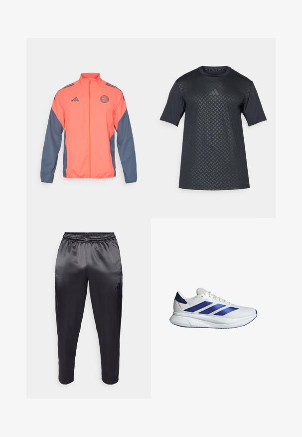 Narančasta i mornarsko plava jakna sa zatvaračem i visokim ovratnikom, Adidas logotipom i ekipnom značkom. Lagana tkanina s kontrastnim bočnim panelima i manžetama.; Crna majica kratkih rukava s teksturiranim geometrijskim uzorkom sprijeda i glatkom stražnjom stranom, napravljena od laganog, prozračnog materijala.; Crne atletske hlače napravljene od glatkog, laganog materijala s elastičnom trakom u struku. Imaju mali logo s lijeve strane i sužene nogavice.; Bijele sportske cipele s plavim akcentima, mrežastim gornjim dijelom, tri plave pruge, zaobljenim vrhom, laganom potplatu i hrapavom površinom za prianjanje.