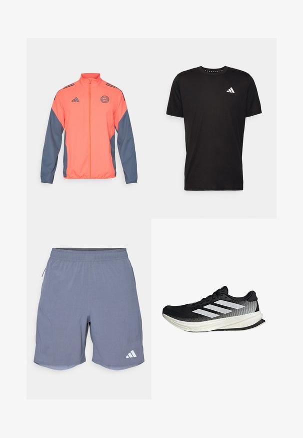 Orange and navy zip-up jacket with a stand collar, Adidas logo, and team patch. Lightweight fabric with contrasting side panels and cuffs.; Black cotton t-shirt with short sleeves, crew neckline, and a white logo on the left chest. Smooth texture and simple design.; adidas Performance Sports shorts - onix; Black athletic shoe with a mesh design, featuring white stripes, a rounded toe, and a textured sole for grip and support.