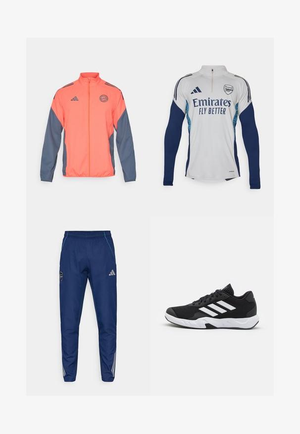 Orange and navy zip-up jacket with a stand collar, Adidas logo, and team patch. Lightweight fabric with contrasting side panels and cuffs.; White long-sleeve jersey with navy blue accents, half-zip neckline, featuring "Emirates Fly Better" logo and Arsenal club crest.; Navy jogger pants made from lightweight fabric, featuring a blue accent, logo patch, and three white stripes along the lower legs.; Black athletic shoes with a textured mesh upper, white accent stripes, a cushioned sole, and a reinforced heel for support.