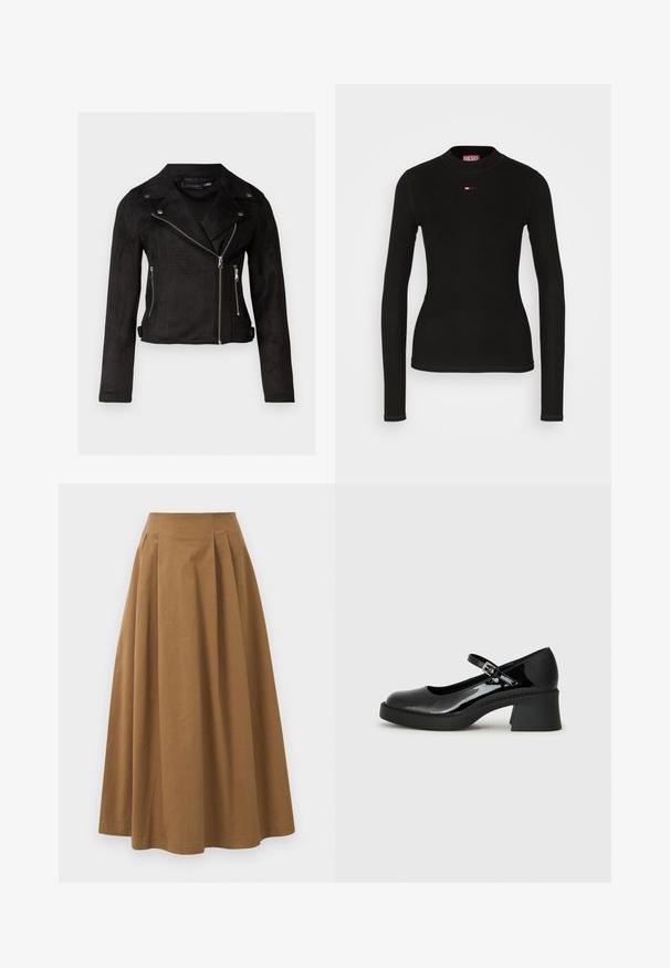 Black suede motorcycle jacket with an asymmetrical zipper, snap collar, zippered pockets, and a tailored fit. Smooth texture and cropped design.; Black long-sleeve top made of ribbed fabric, featuring a round neck and a small red Diesel logo stitched on the chest.; Brown cotton A-line skirt with a high waist, featuring pleats down the front and a smooth texture. Hem finishes are clean and simple.; Black patent leather Mary Jane shoe with a rounded toe, adjustable strap, and a chunky square heel. Features a textured sole.