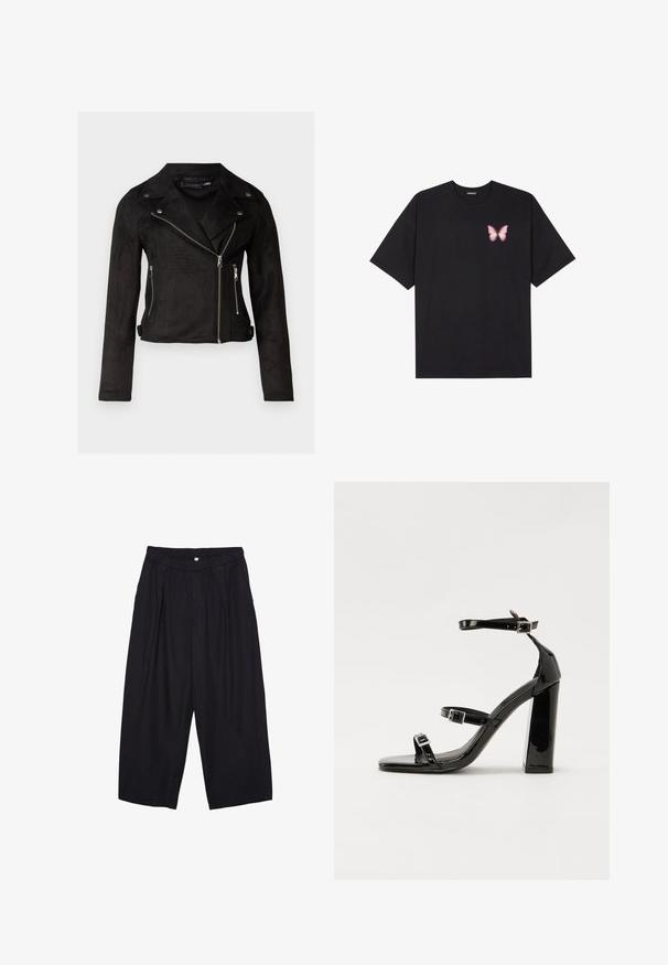 Črna usnjena motoristična jakna iz zamšaste usnje z asimetričnim zadrgo, pritisnim ovratnikom, žepi z zadrgo ter prilegajočim krojem. Gladka tekstura in skrajšana oblika.; Črna bombažna majica s kratkimi rokavi, ki ima majhen roza metuljček na levi strani prsnega dela. Majica s krožnim ovratnikom in sproščenim krojem.; Črne poliesterske culotte hlače z elastičnim pasom, dvema sprednjima nabiranjema in ohlapnim krojem. Brez vidnih vzorcev ali kovinskih detajlov.; Črne lakirane sandale s peto, kvadratnim prstom, trakovi okrog gležnja in srebrnimi zaponkami. Opremljene so s stabilno Debelo peto.